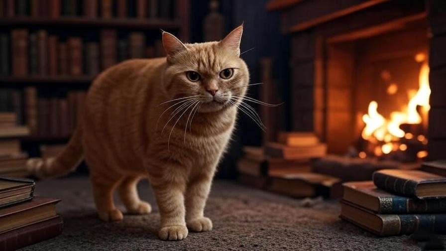 Ginger half-Kneazle Crookshanks in a wizarding cottage with magical books.