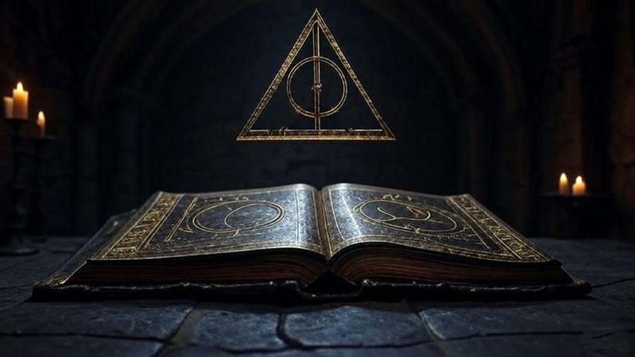 Deathly Hallows symbol floating above an ancient book in a dark room.