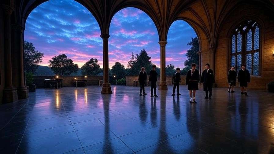 Hogwarts atrium at dusk with twilight sky and lingering students.