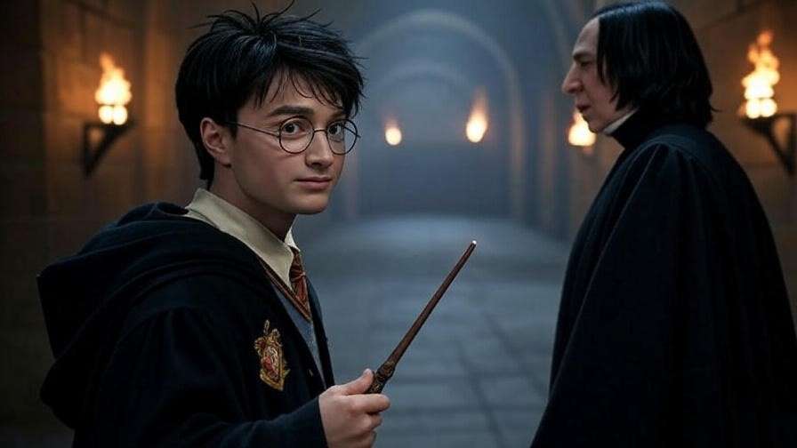  Hogwarts library with a glowing book, representing the appeal of Harry Potter and Severus Snape fanfiction.