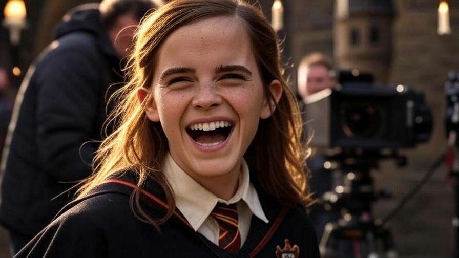 Young woman in a Hogwarts uniform laughing on a Harry Potter film set with crew and equipment in the background.