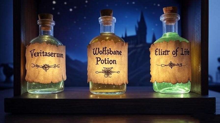Trio of potion bottles with **Harry Potter potions labels** on a wooden shelf, lit by glowing LEDs against a magical Hogwarts-inspired background.