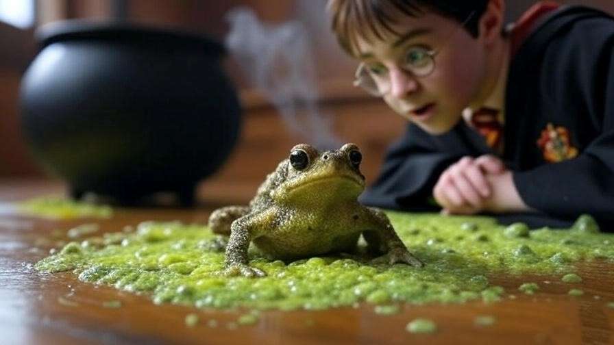 Tiny shrunk toad on a desk with spilled Swelling Solution and a surprised wizard in Hogwarts robes.