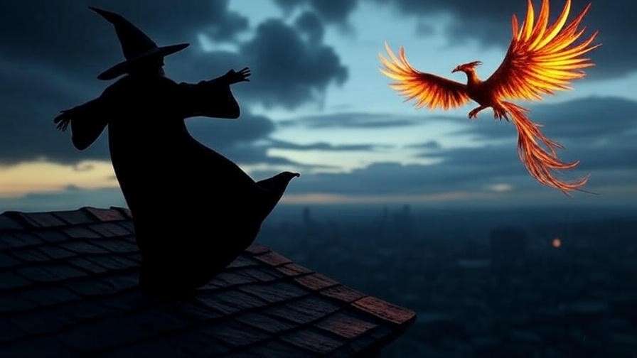Dramatic tower scene from Half-Blood Prince with wizard falling and phoenix