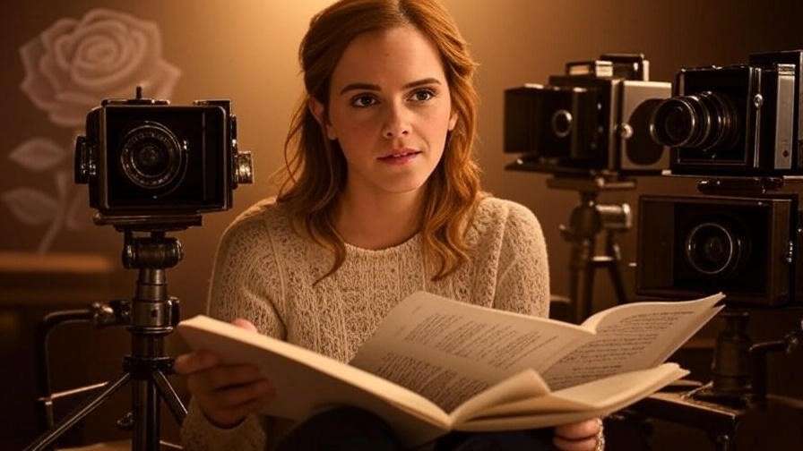 Young actress on film set with vintage cameras and Beauty and the Beast rose