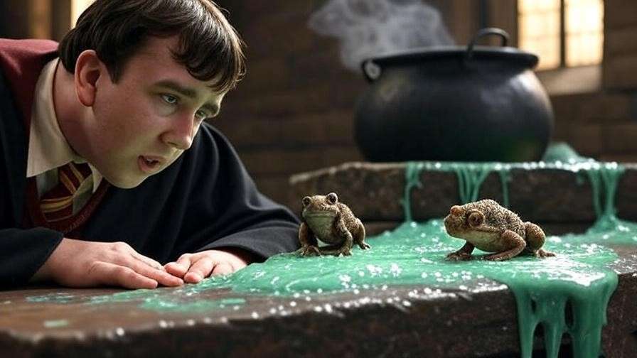 Neville Longbottom’s shrunk toad Trevor with spilled Shrinking Solution in a Hogwarts classroom from Harry Potter.
