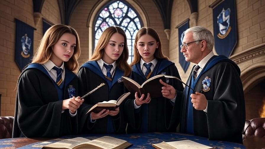 Comparison of Ravenclaw characters in a Hogwarts hall with banners