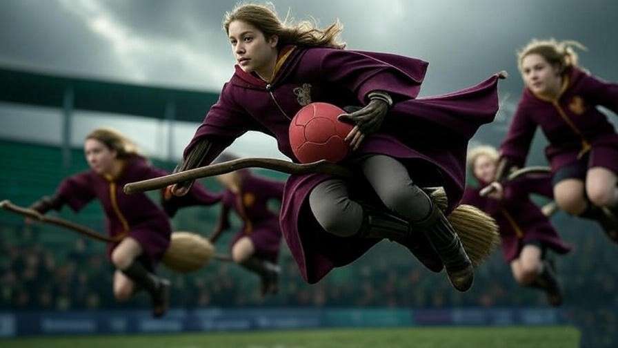 Alicia Spinnet in Gryffindor Quidditch robes flying with Quaffle, Angelina and Katie in background during a match.