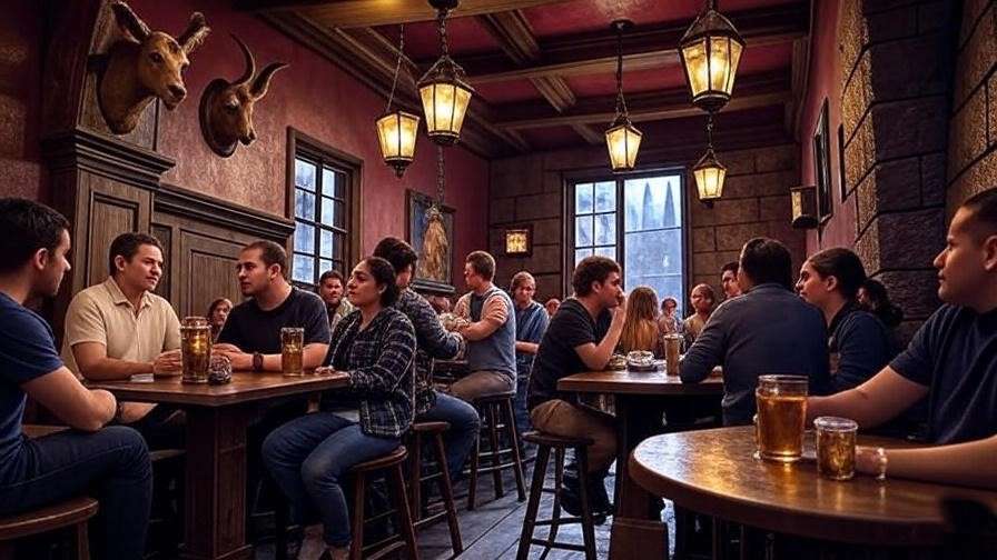 Interior of the Hog's Head pub at Universal Studios’ Wizarding World of Harry Potter, with Butterbeer mugs and a rustic, magical ambiance. 