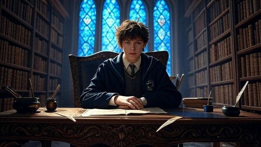 Ravenclaw prefect studying in Hogwarts library representing Robert Hilliard's duties.
