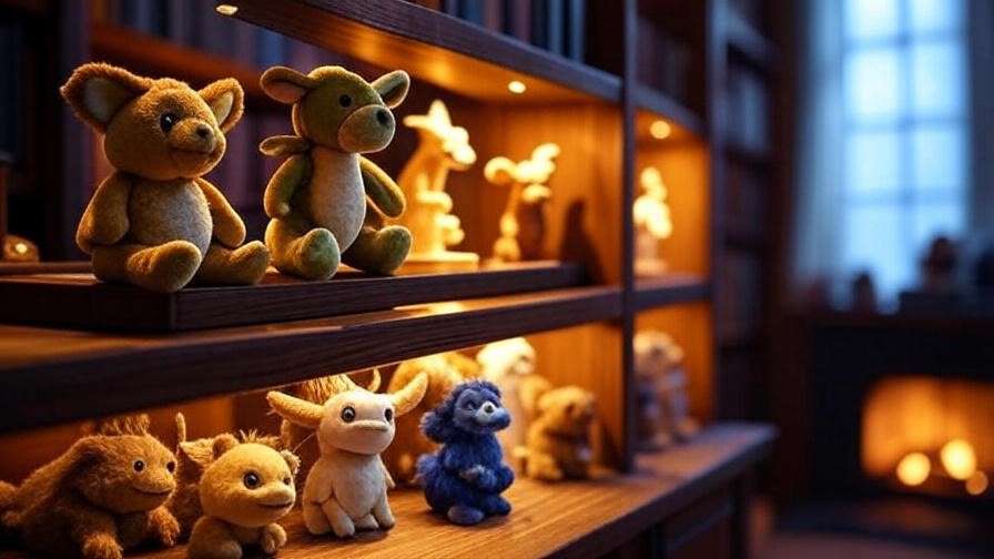 Harry Potter fan shelf with Pickett the Bowtruckle plush and figurine among magical creature items.