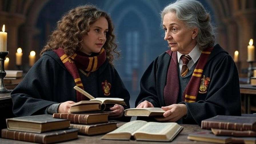 Hermione Granger and Professor McGonagall discussing school rules in Hogwarts Great Hall, magical ambiance.