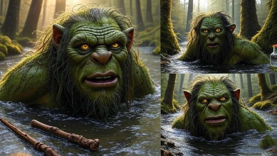 Fantasy artwork of a river troll with wizarding elements from Harry Potter fan culture.