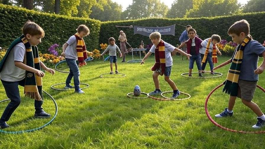 Kids tackling a Triwizard Tournament obstacle course with hula hoops and dragon eggs at a Harry Potter party.
