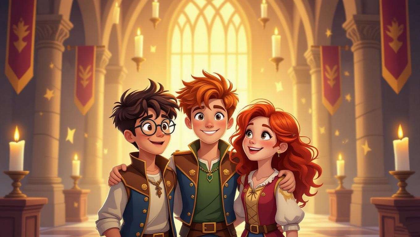 Harry Potter trio friendship in Hogwarts hall, childhood lessons on loyalty and teamwork.