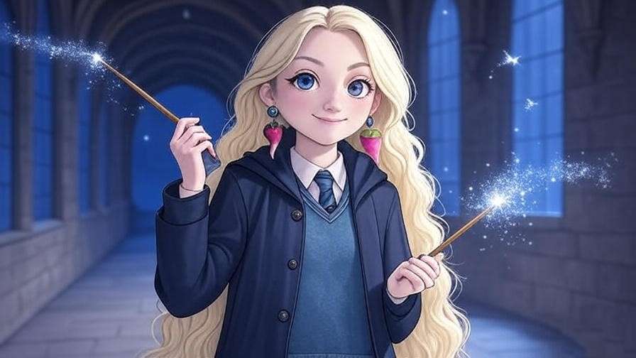 Luna Lovegood in a moonlit Hogwarts corridor, holding a wand with a serene expression, surrounded by ethereal sparkles and Ravenclaw symbols.