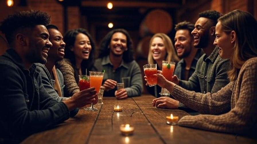 Friends enjoying a Harry Potter trivia night at an Atlanta brewery with themed cocktails and cozy decor.