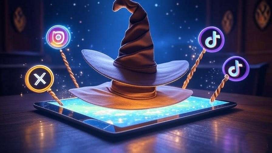 Magical digital interface with a holographic Sorting Hat and social media icons, blending Hogwarts and meme culture for Harry Potter fans.

