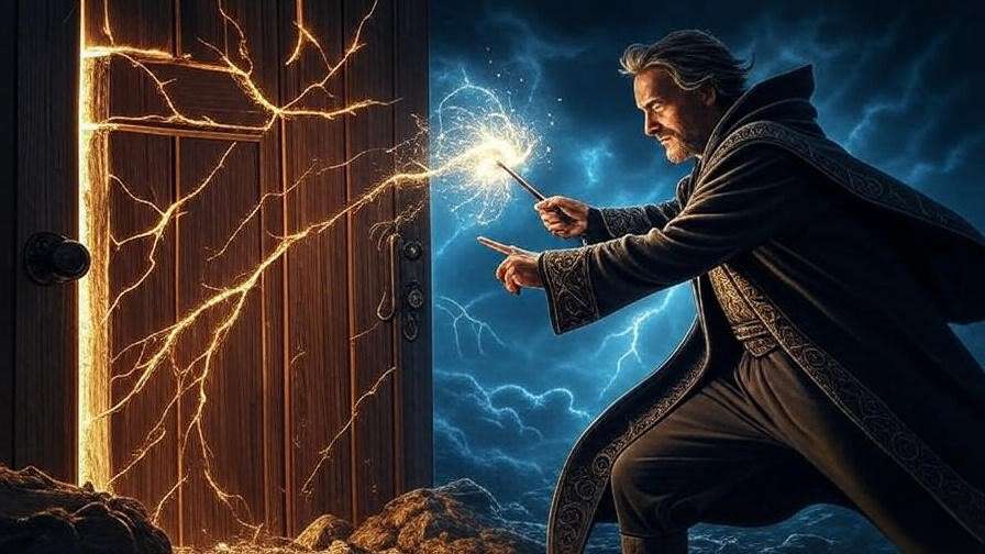 Wizard casting an advanced unlocking spell on a fortified vault door, showcasing powerful magic beyond the Alohomora lock charm.

