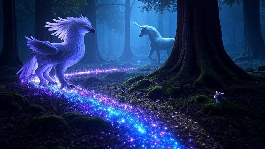A glowing forest trail at A Night at Hogwarts Cincinnati, featuring a Hippogriff, unicorn, and Niffler in a magical, misty setting.
