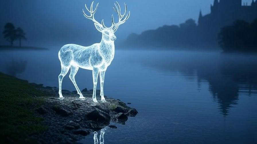 A glowing silver stag Patronus stands by a misty Hogwarts lake at twilight, casting an ethereal light in a magical Harry Potter scene.
