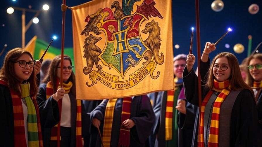 A Harry Potter fan convention with the **coat of arms of Hogwarts** on a banner, surrounded by fans in house-themed costumes celebrating unity.

