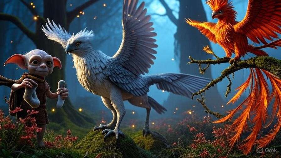 Harry Potter magical creatures including Dobby, Buckbeak, and Fawkes in Forbidden Forest for all characters list.
