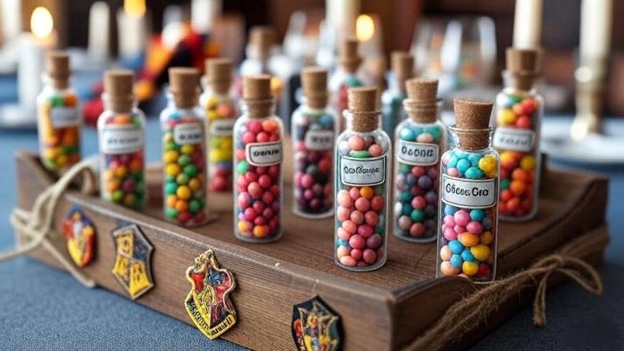 Mini glass vials with **Harry Potter potions labels** filled with candies, arranged as party favors on a rustic tray with Hogwarts-themed decor.