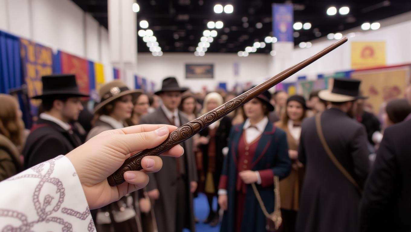Cosplayer holding a replica of Queenie Goldstein’s wand at a Fantastic Beasts-themed convention, with a blurred crowd and magical props in the background.
