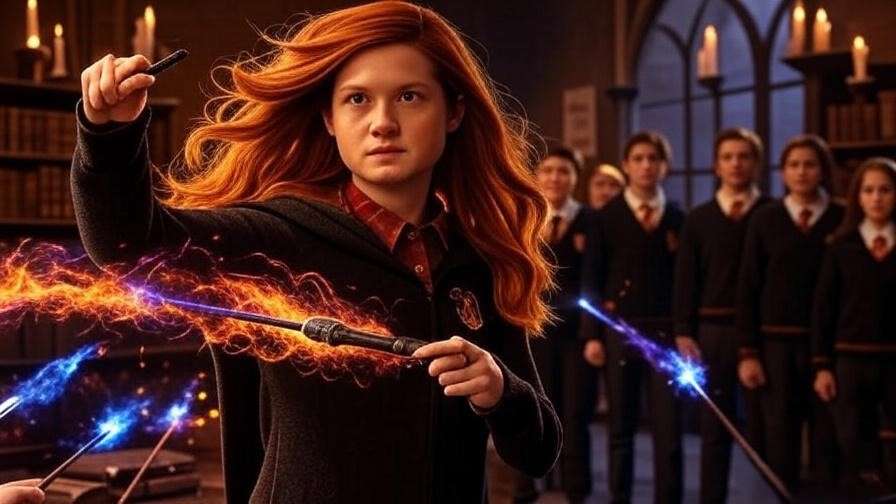 Ginny Weasley casting a spell in the Room of Requirement, leading Dumbledore’s Army with determination during Hogwarts’ resistance.