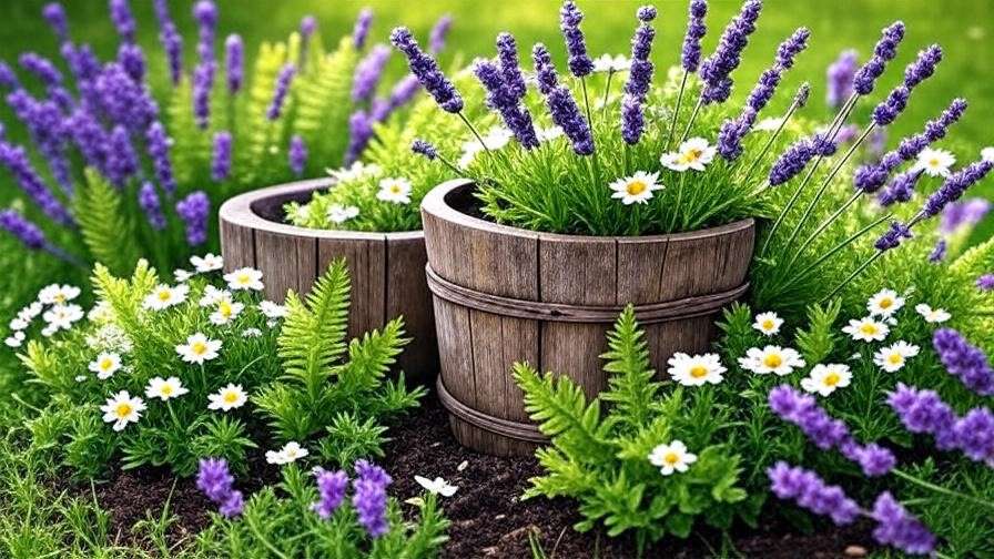 Vibrant Herbology-inspired plant bed with lavender, ferns, and chamomile in a magical Harry Potter garden.