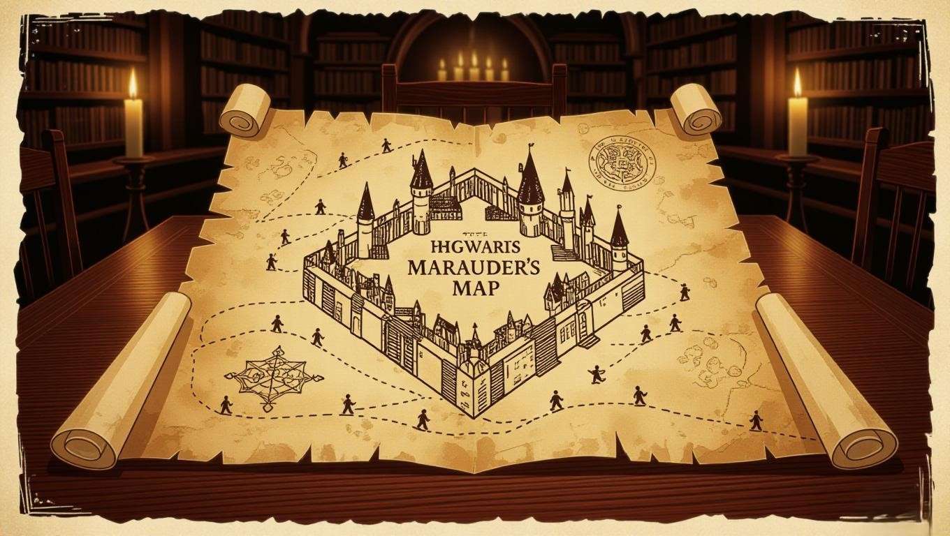 Detailed illustration of the Marauder’s Map from Harry Potter, unfolded on a Hogwarts table, showing animated footprints and intricate castle layouts in a candlelit setting. 