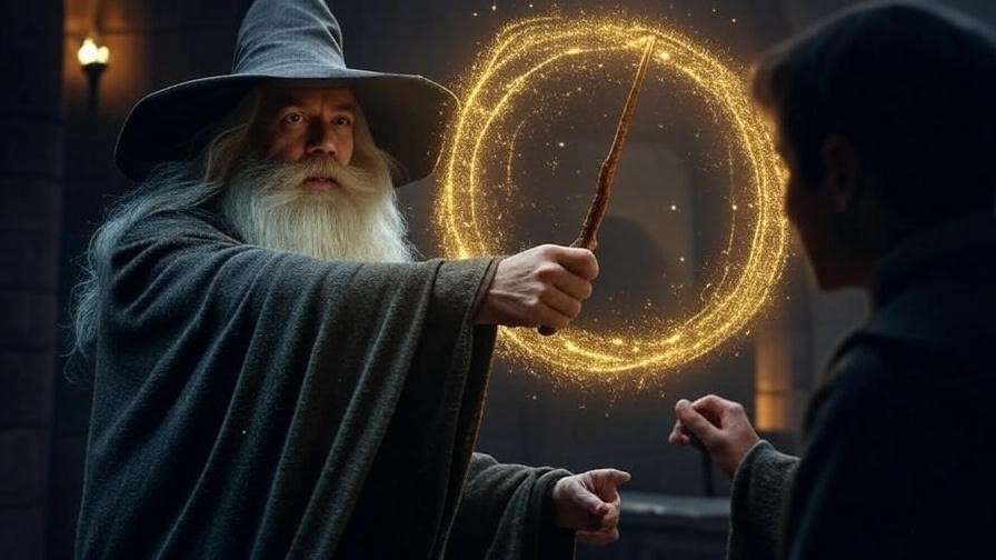 Wizard casting Protego Maxima with cherry wood wand in a Harry Potter dueling scene.