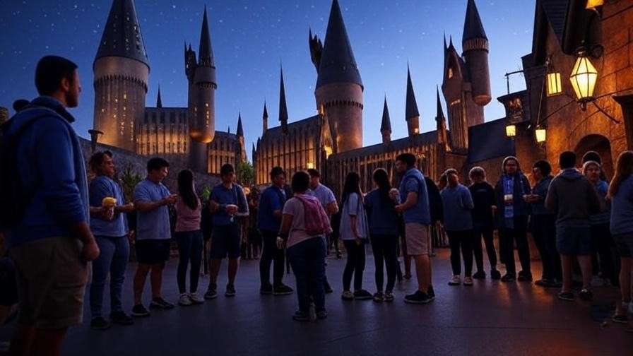Crowds gather at the Jurassic Park bridge for the Hogwarts Castle Light Show in Hogsmeade, Universal Orlando, at twilight. 