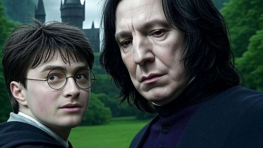 Harry Potter and Severus Snape in a Hogwarts courtyard, symbolizing mentorship in fanfiction tropes.
