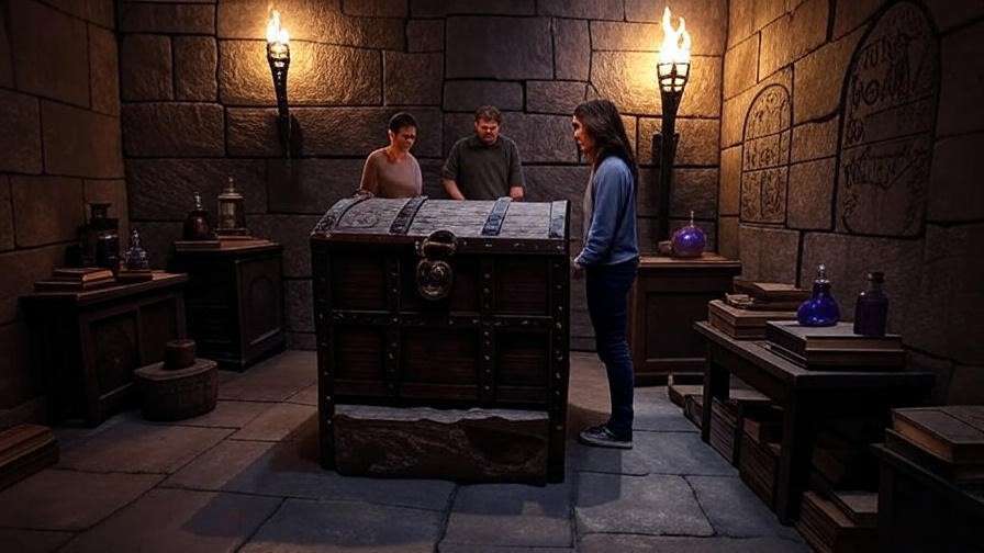 Players solving puzzles in a Hogwarts-inspired escape room in Atlanta with stone walls and magical props.
