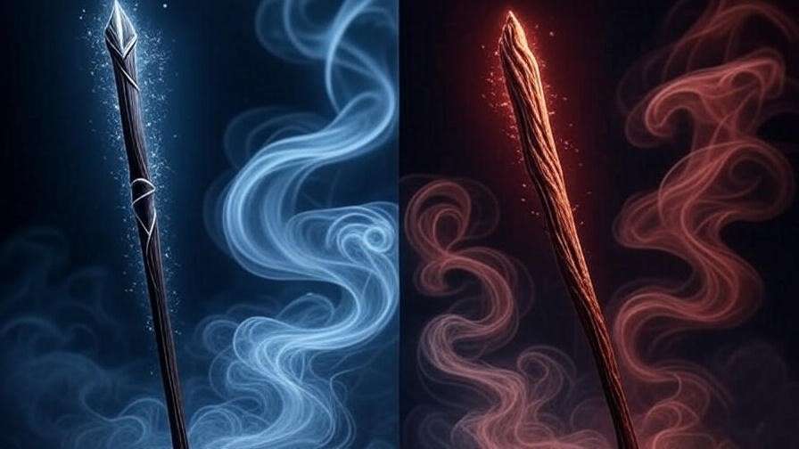 Split-screen image of Narcissa’s elegant wand and Bellatrix’s gnarled wand, glowing with contrasting lights, representing their differences in the Harry Potter series.
