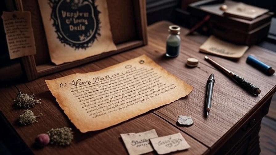 Crafting workspace with tools for distressing **Harry Potter potions labels**, including tea, sandpaper, and a parchment label for Draught of Living Death.