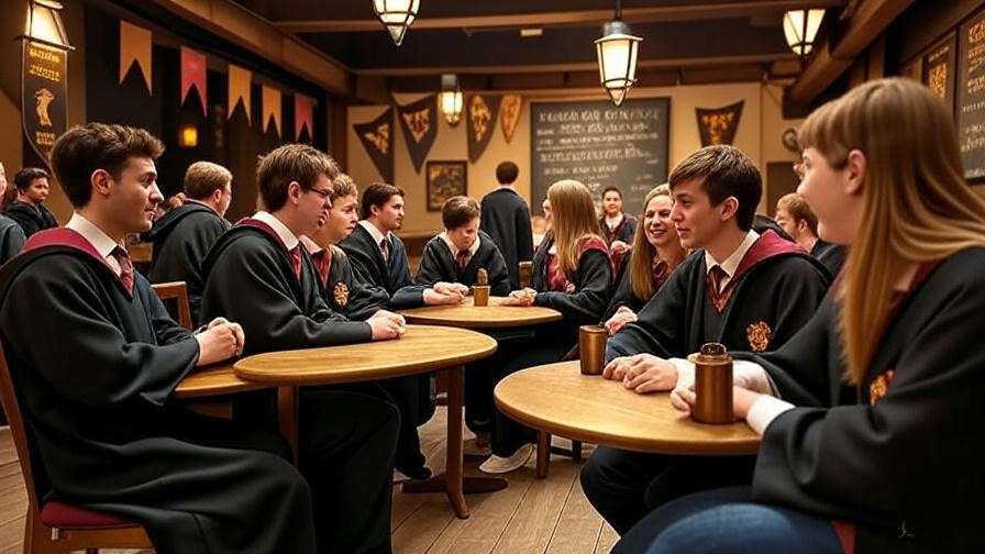 Harry Potter themed coffee shop hosting a trivia night with customers in robes, house banners, and a festive atmosphere.