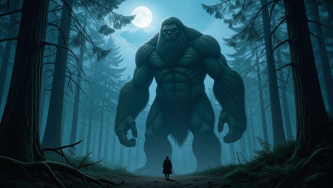 Grawp, a 25-foot-tall giant, standing in the misty Forbidden Forest with towering trees and moonlight, capturing his massive yet gentle presence in the Harry Potter series.