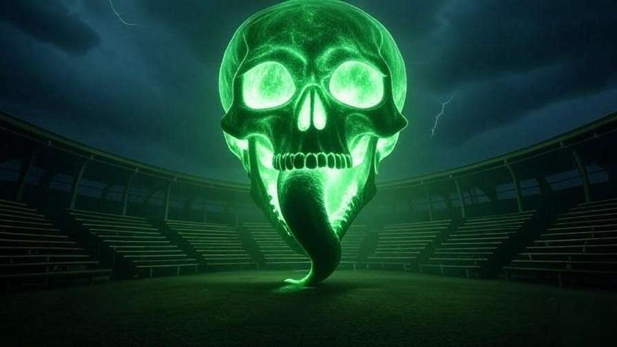 A glowing green Dark Mark skull with a serpent tongue looms over a stormy Quidditch pitch in a dramatic Harry Potter scene.