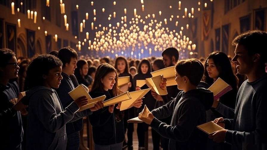 Hogwarts Great Hall with fans exchanging Harry Potter planners 2025 and glowing scrolls.