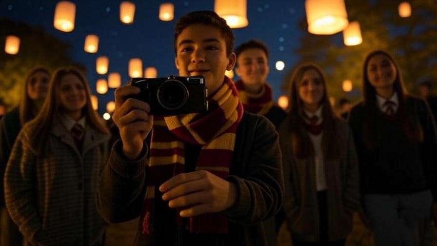 Fan in Gryffindor scarf taking photo with friends at Fathom Events theater.