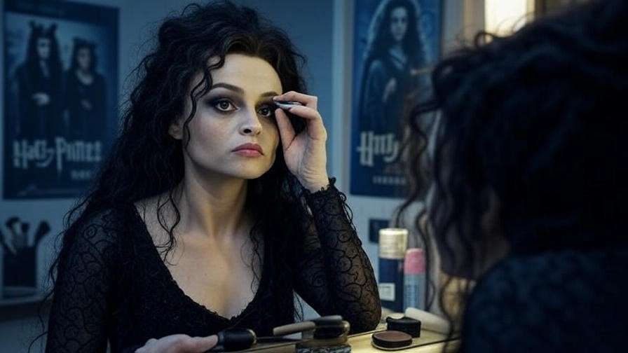 Woman applying Bellatrix Lestrange makeup with brushes and Hogwarts poster.