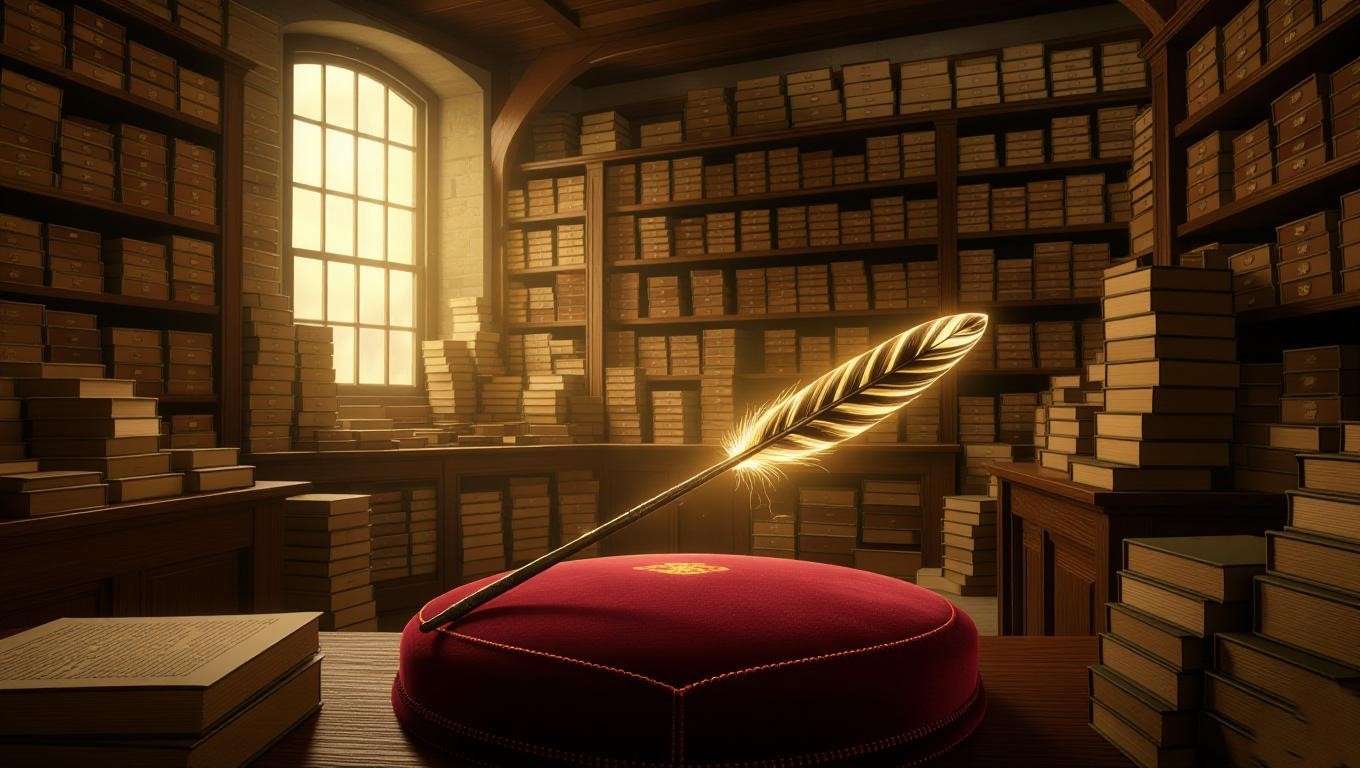 A glowing holly wand on a velvet cushion in Ollivander’s shop, surrounded by wand boxes, highlighting wand selection in Harry Potter witchcraft. 