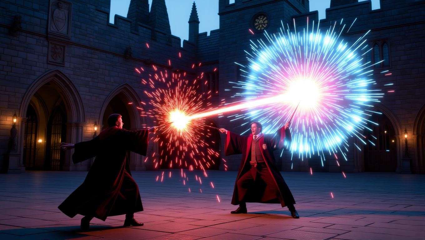  A Ravenclaw wizard casting a glowing Protego shield in a Hogwarts courtyard, defending against a spell in Harry Potter witchcraft. 