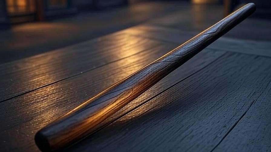 Close-up of Dean Thomas wand, dark brown with carvings, on a wooden surface, Harry Potter.
