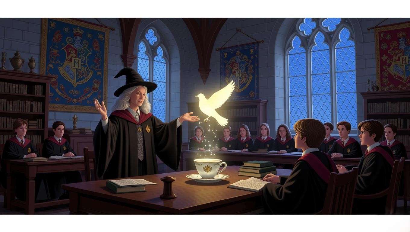 A grand Hogwarts classroom scene, featuring a professor (resembling McGonagall) mid-lesson, demonstrating a Transfiguration spell. A teacup transforms into a bird, glowing faintly, as students in house robes watch in awe. The room is adorned with tapestries, magical artifacts, and large windows showing a starry sky. The image is in a 16:9 ratio, with no text, evoking the wisdom of Hogwarts professors. 