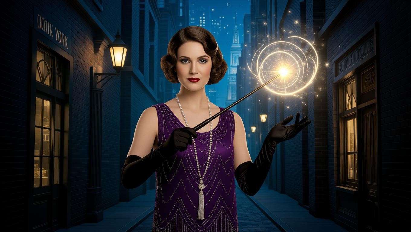 Queenie Goldstein casting a spell with her wand, emitting magical sparkles in a 1920s New York wizarding alley with Art Deco architecture.
