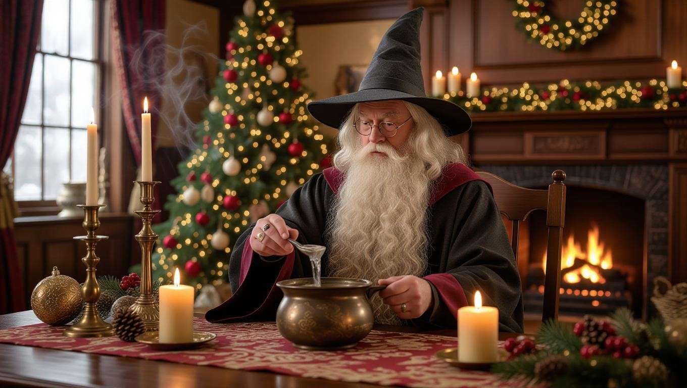 Wizard performing a seasonal cleaning ritual with Purificus Totalis in a Harry Potter Yule Ball-inspired home.